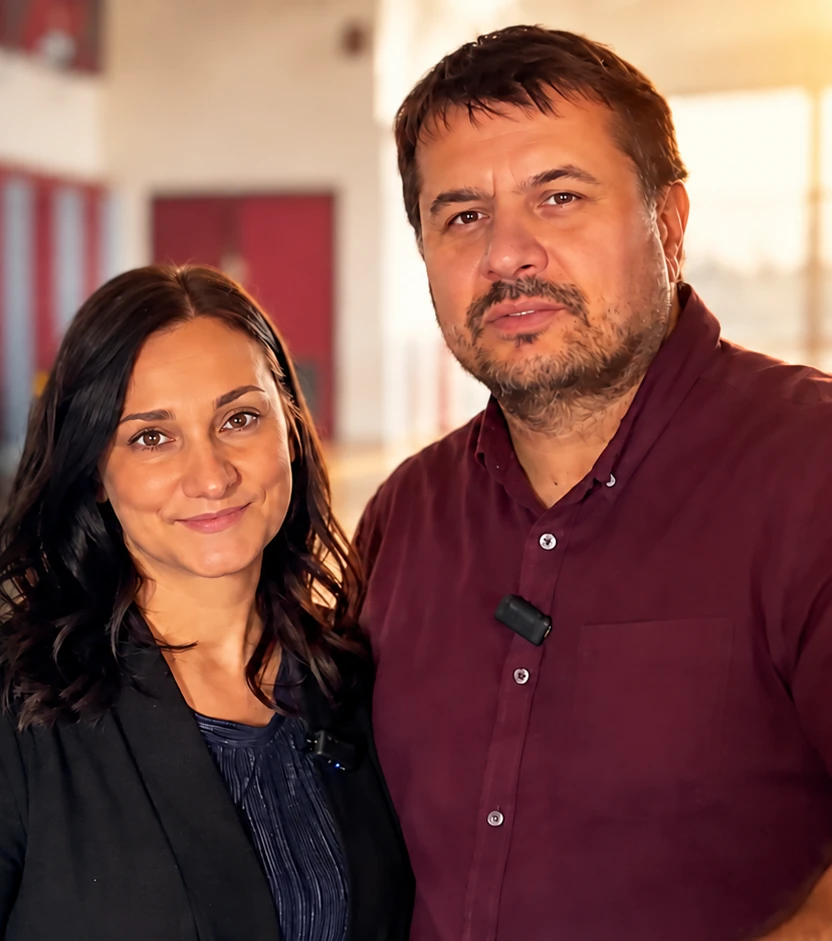 Konstantin and Diana Reznik inside the former school gym